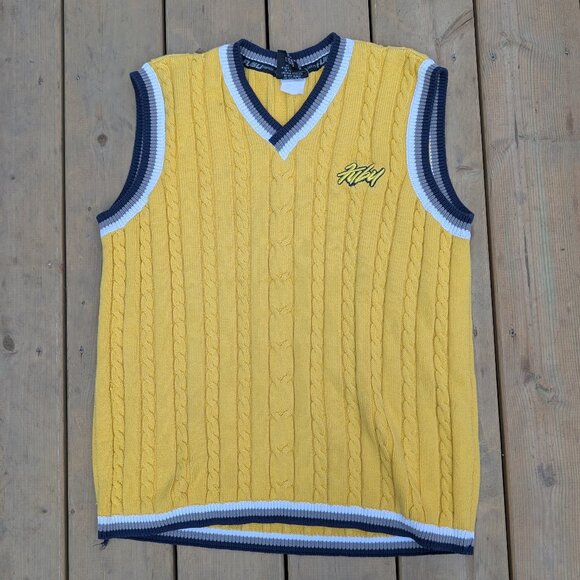 Vintage Y2K FUBU Sweater Vest Men's L Yellow Logo Embroidered Retro Cable-Knit - Picture 1 of 7